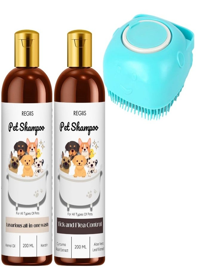 Regiis Pet Shampoo Set with Luxurious All-in-One Wash, Tick and Flea Control Formula, 200ml Bottles with Massage Brush, for Dogs and Pets(Pack of 3) - Image 1